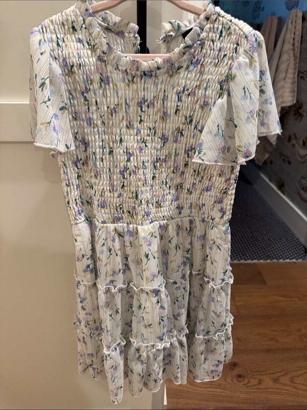 Zunie White Floral Smocked Dress with Lavender and Green Print
